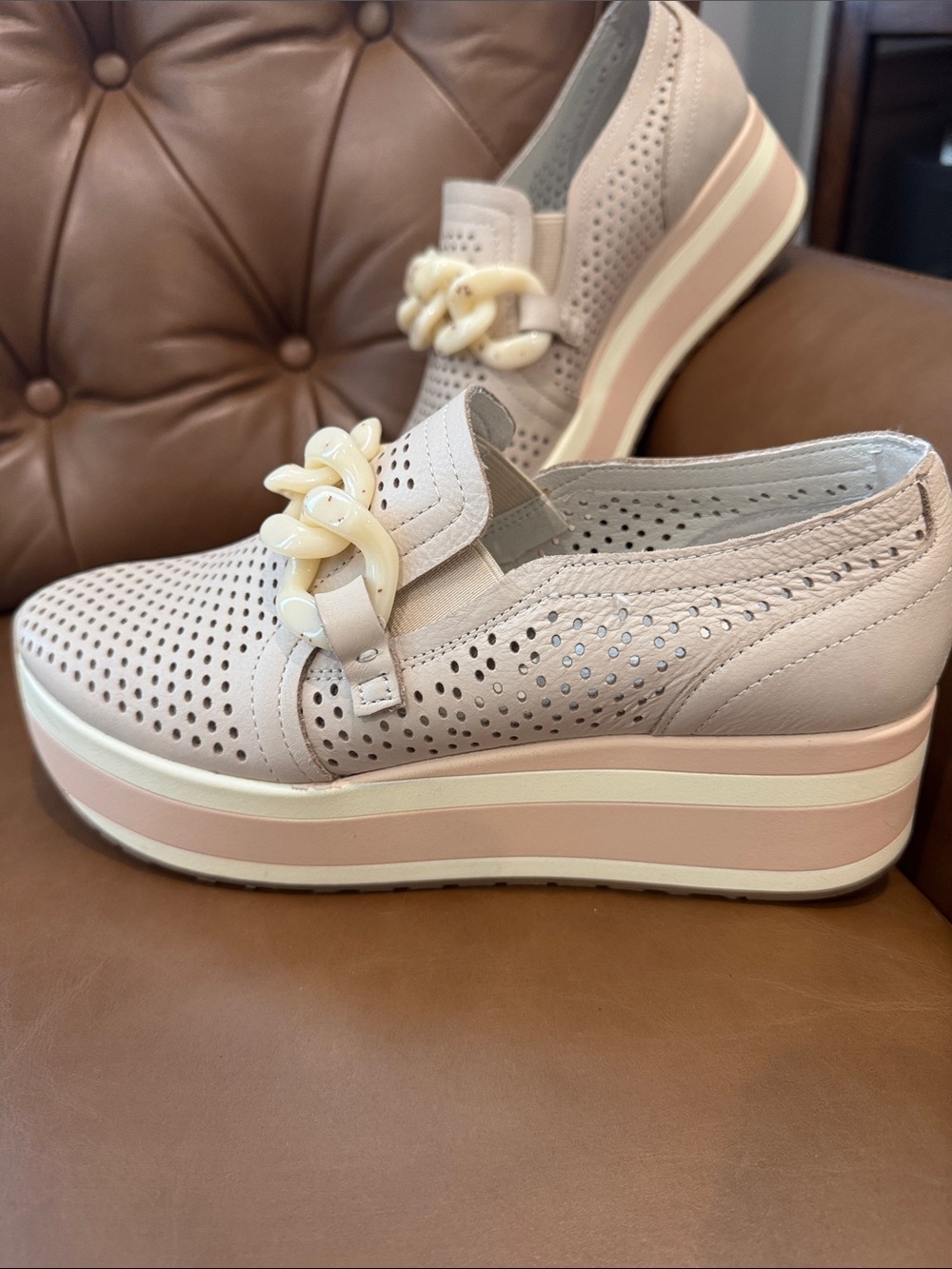 Dolce Vita Blush Slip-On Perforated Platform Loafers with Chain Accent